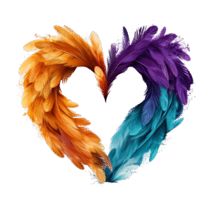 Come By Here Heart made of orange, purple and teal feathers